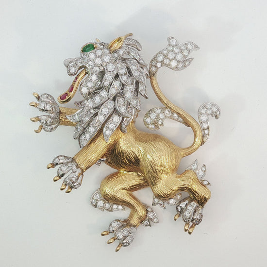 Vintage Hammerman Bros. Diamond Emerald Ruby Lion Rampant Brooch Pendant 18K Gold