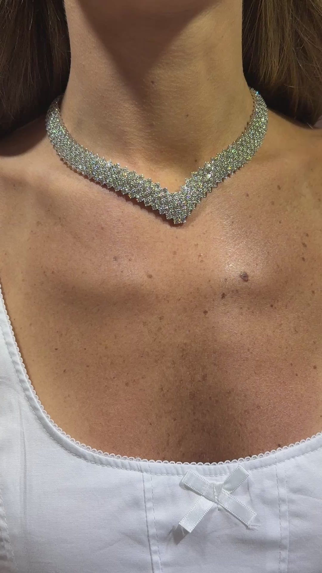55.00ctw round brilliant diamond chevron collar necklace with 472 diamonds in 18k white gold by Kantor Gems