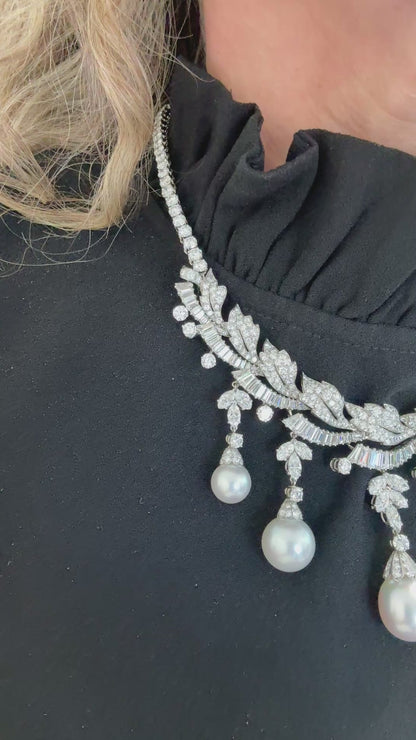 Platinum South Sea Pearl & Multi-Cut Diamond Fringe Festoon Necklace (106.5g)