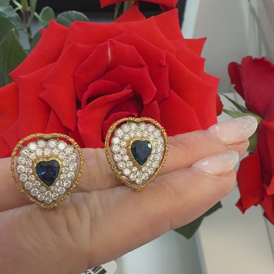 Signed Buccellati 18k yellow gold heart-cut blue sapphire and 1.50ctw diamond halo clip-on earrings in original box by Kantor Gems