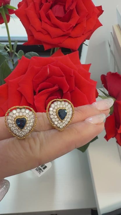 Signed Buccellati 18k yellow gold heart-cut blue sapphire and 1.50ctw diamond halo clip-on earrings in original box by Kantor Gems