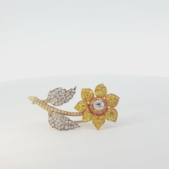 GIA certified 0.32ct F VS1 multi-color natural pink yellow and white diamond flower brooch in 18k two-tone gold by Kantor Gems
