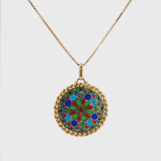 French 18K Gold Plique-à-Jour Enamel Rose Window Pendant Necklace