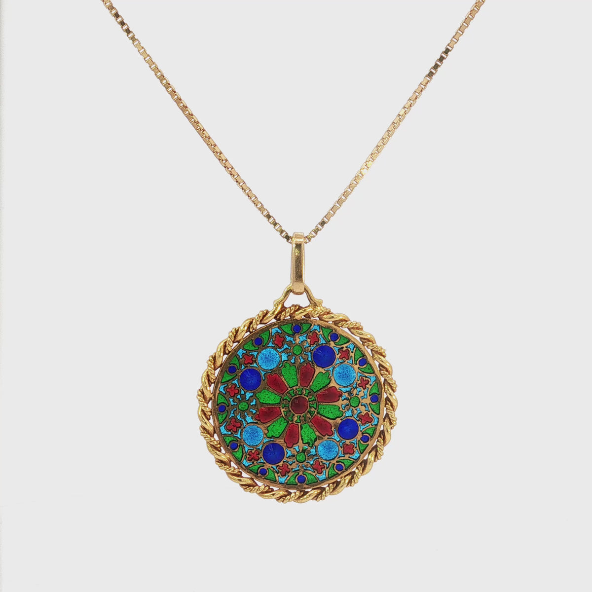 French 18K Gold Plique-à-Jour Enamel Rose Window Pendant Necklace