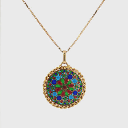 French 18K Gold Plique-à-Jour Enamel Rose Window Pendant Necklace