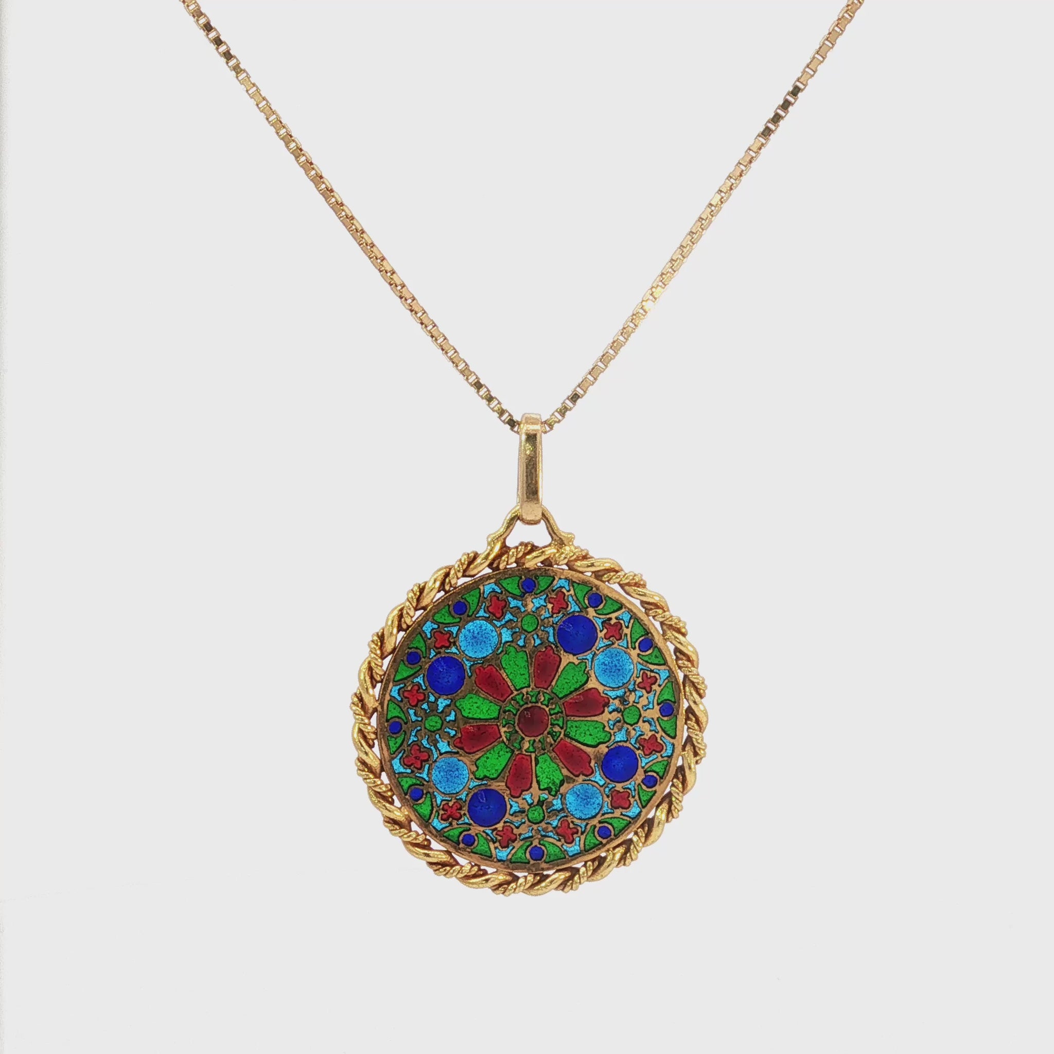 French 18K Gold Plique-à-Jour Enamel Rose Window Pendant Necklace