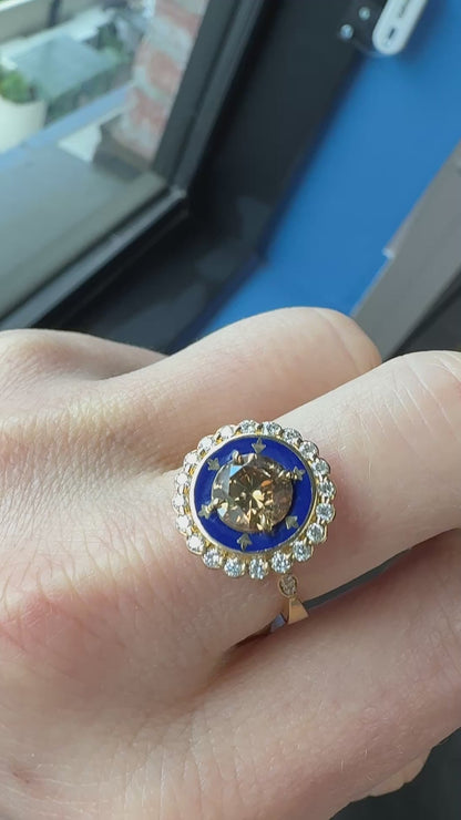 1.36 CT Cognac Champagne Diamond & Royal Blue Enamel Cluster Ring in 18K Yellow Gold
