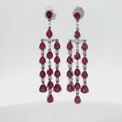 Pear Shape Ruby Diamond Chandelier Dangle Earrings in 18 Karat White Gold