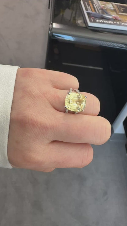 GIA No-Heat 10.19 Carat Sri Lanka Yellow Sapphire Cocktail Ring in 18K White Gold with Diamond Split Shank