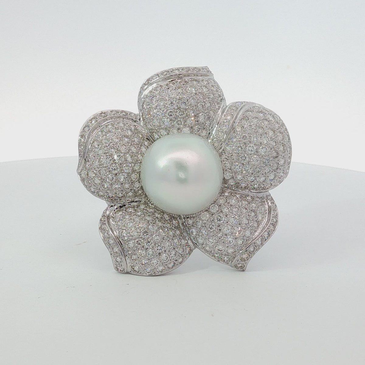Pearl and Diamond Flower Brooch Pendant in 18K White Gold, Retro