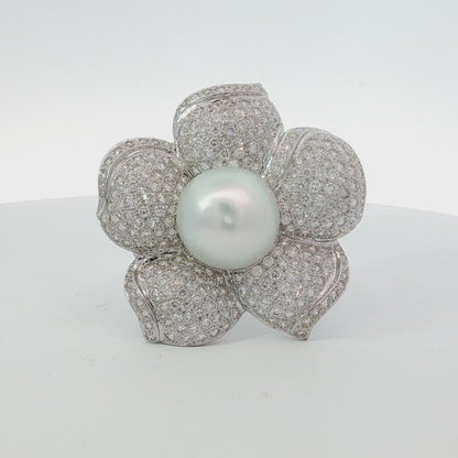 Pearl and Diamond Flower Brooch Pendant in 18K White Gold, Retro