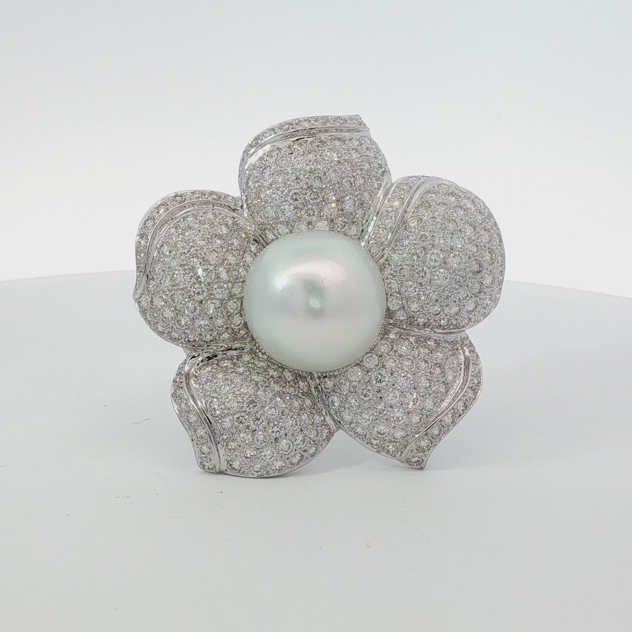 Pearl and Diamond Flower Brooch Pendant in 18K White Gold, Retro