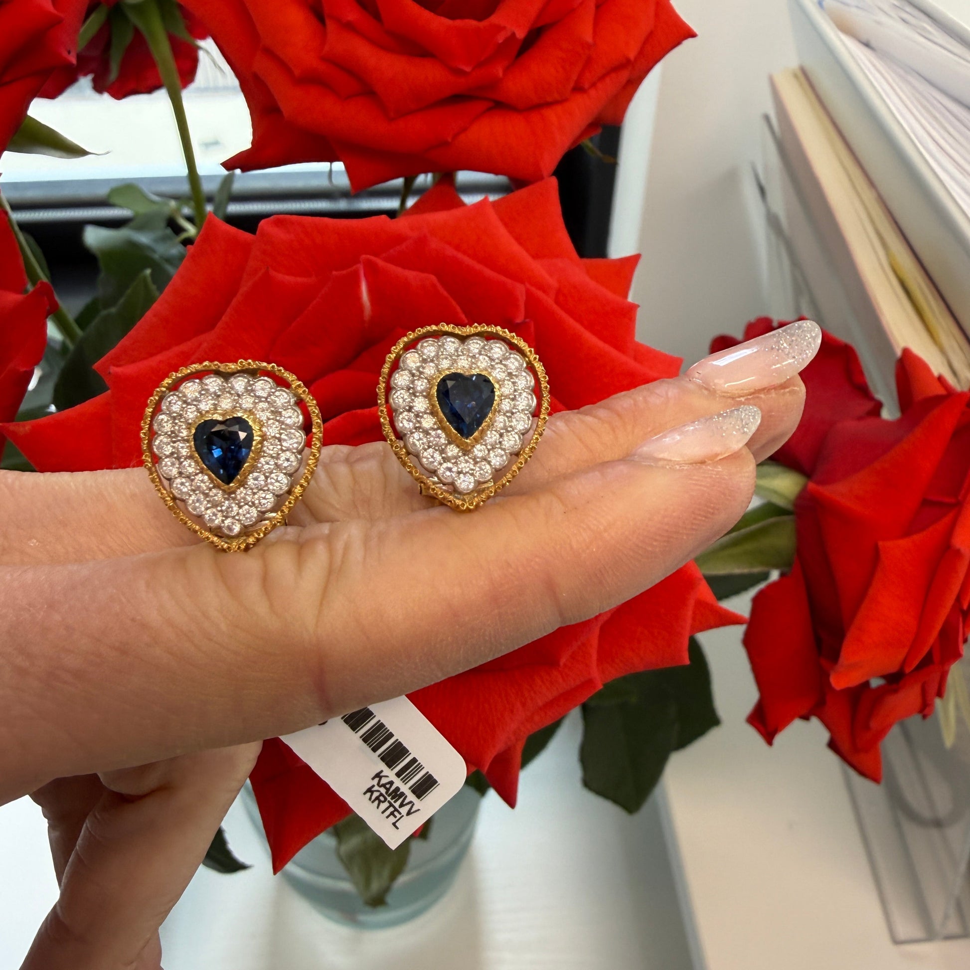 Signed Buccellati 18k yellow gold heart-cut blue sapphire and 1.50ctw diamond halo clip-on earrings in original box by Kantor Gems