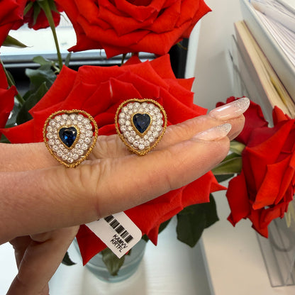 Signed Buccellati 18k yellow gold heart-cut blue sapphire and 1.50ctw diamond halo clip-on earrings in original box by Kantor Gems
