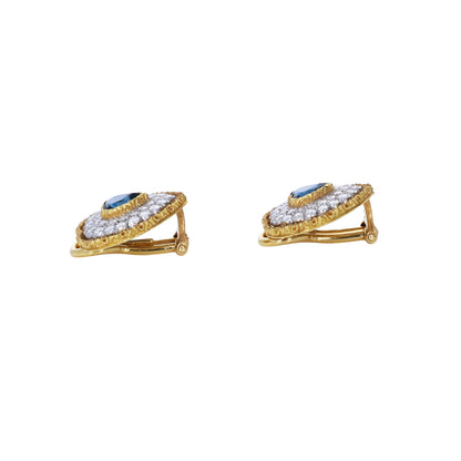 Signed Buccellati 18k yellow gold heart-cut blue sapphire and 1.50ctw diamond halo clip-on earrings in original box by Kantor Gems