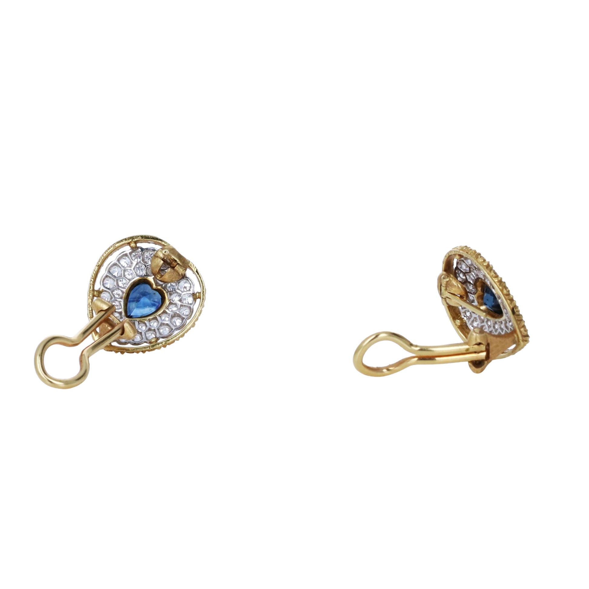 Signed Buccellati 18k yellow gold heart-cut blue sapphire and 1.50ctw diamond halo clip-on earrings in original box by Kantor Gems