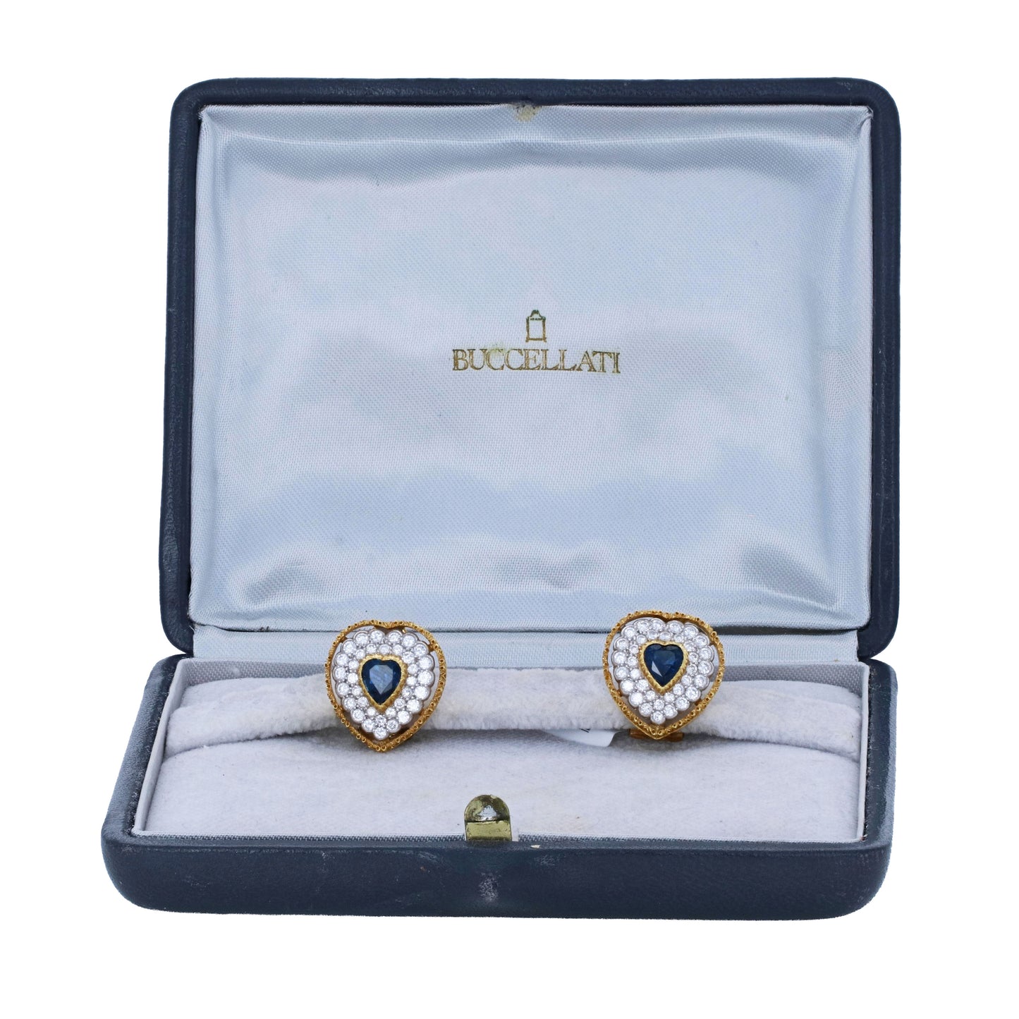 Signed Buccellati 18k yellow gold heart-cut blue sapphire and 1.50ctw diamond halo clip-on earrings in original box by Kantor Gems