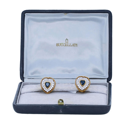 Signed Buccellati 18k yellow gold heart-cut blue sapphire and 1.50ctw diamond halo clip-on earrings in original box by Kantor Gems