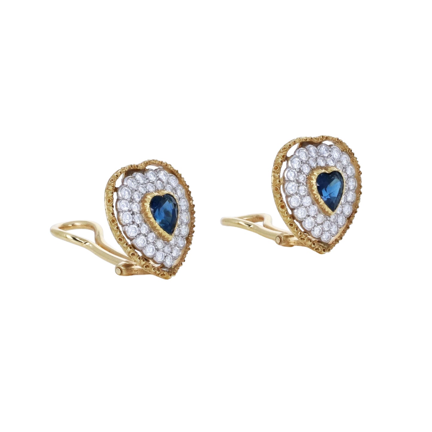 Signed Buccellati 18k yellow gold heart-cut blue sapphire and 1.50ctw diamond halo clip-on earrings in original box by Kantor Gems