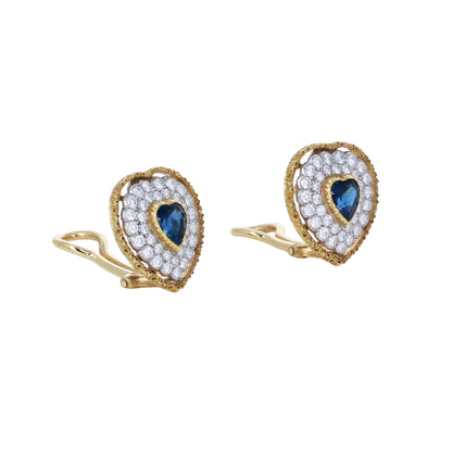 Signed Buccellati 18k yellow gold heart-cut blue sapphire and 1.50ctw diamond halo clip-on earrings in original box by Kantor Gems