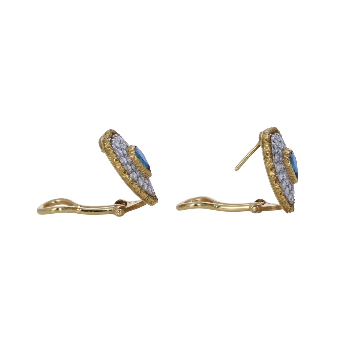 Signed Buccellati 18k yellow gold heart-cut blue sapphire and 1.50ctw diamond halo clip-on earrings in original box by Kantor Gems
