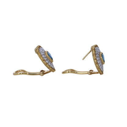 Signed Buccellati 18k yellow gold heart-cut blue sapphire and 1.50ctw diamond halo clip-on earrings in original box by Kantor Gems