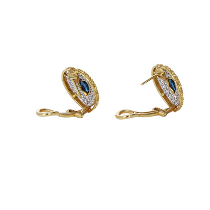 Signed Buccellati 18k yellow gold heart-cut blue sapphire and 1.50ctw diamond halo clip-on earrings in original box by Kantor Gems