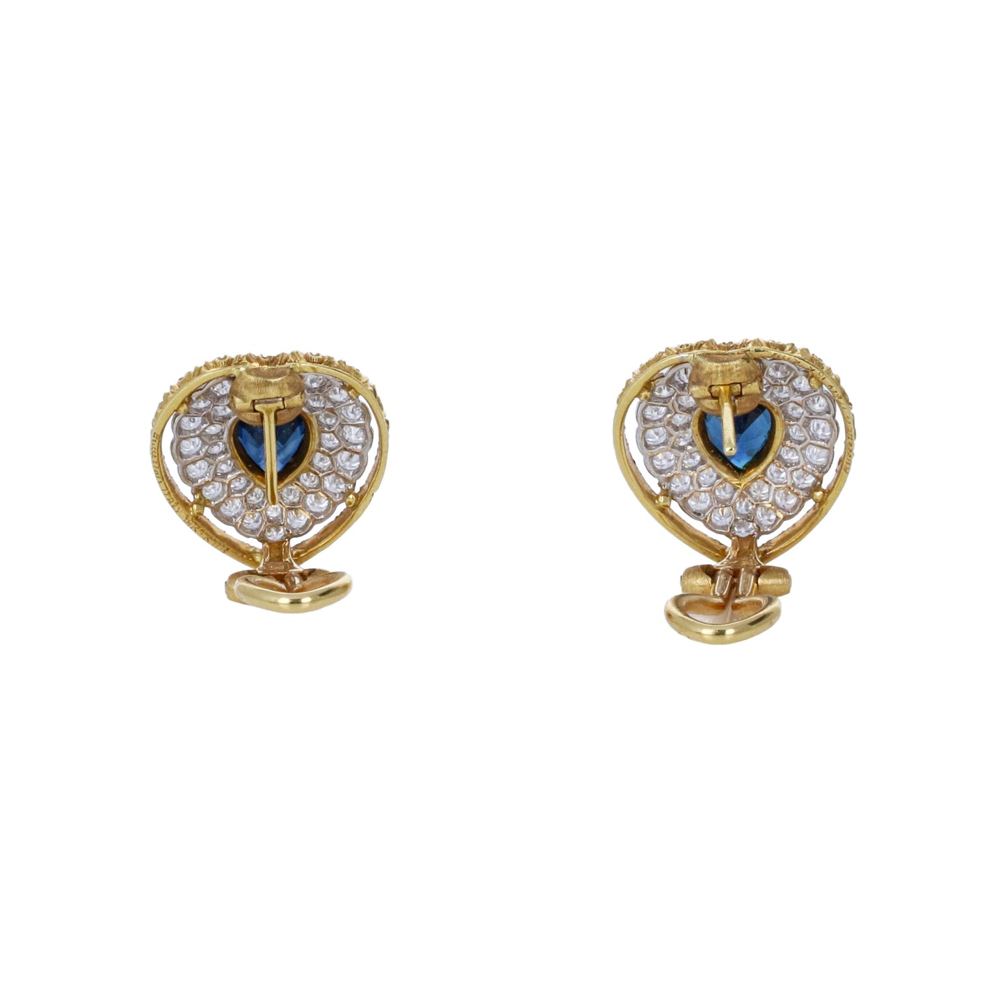 Signed Buccellati 18k yellow gold heart-cut blue sapphire and 1.50ctw diamond halo clip-on earrings in original box by Kantor Gems