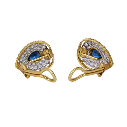Signed Buccellati 18k yellow gold heart-cut blue sapphire and 1.50ctw diamond halo clip-on earrings in original box by Kantor Gems