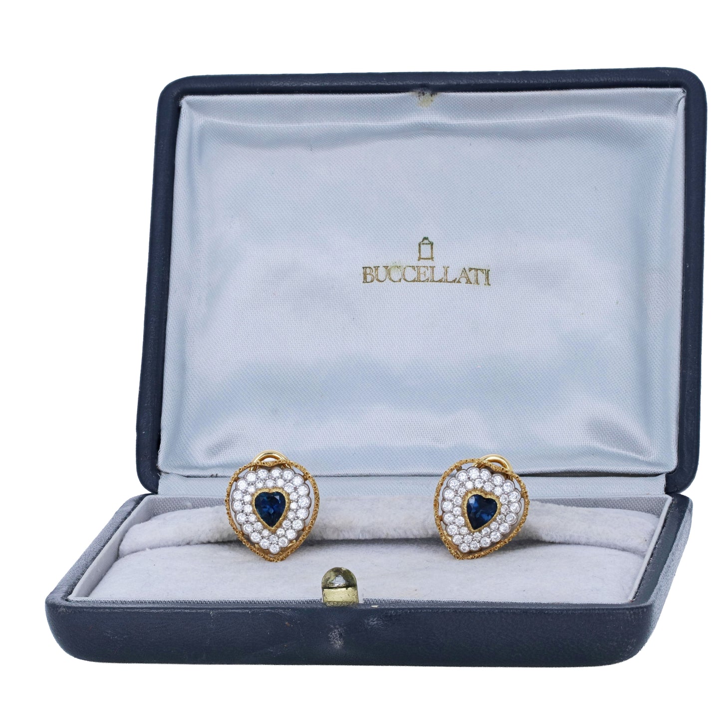 Signed Buccellati 18k yellow gold heart-cut blue sapphire and 1.50ctw diamond halo clip-on earrings in original box by Kantor Gems