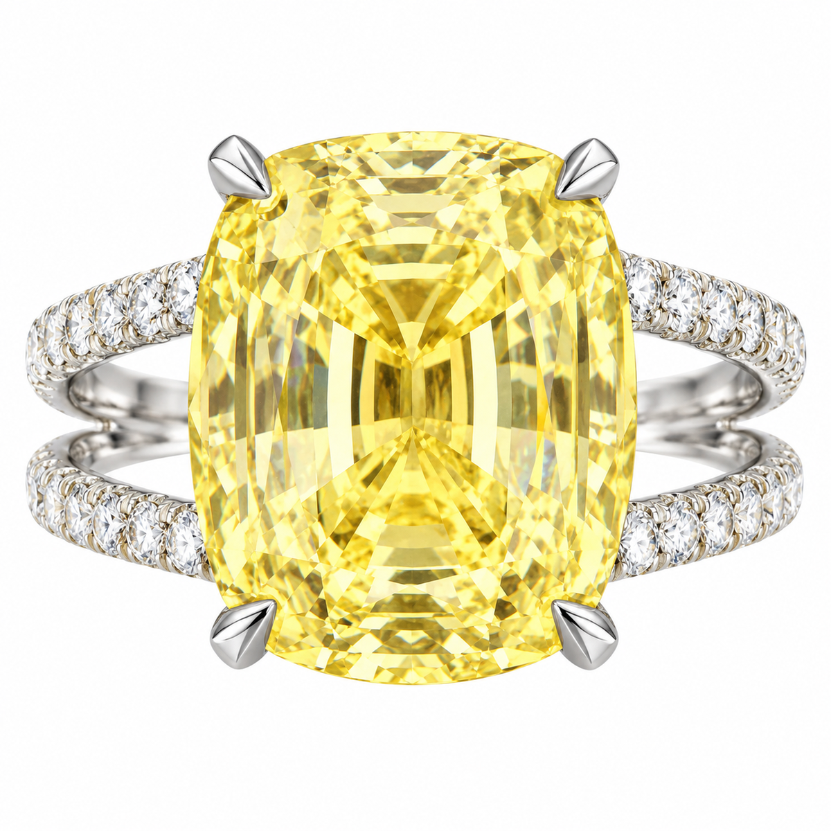GIA No-Heat 10.19 Carat Sri Lanka Yellow Sapphire Cocktail Ring in 18K White Gold with Diamond Split Shank
