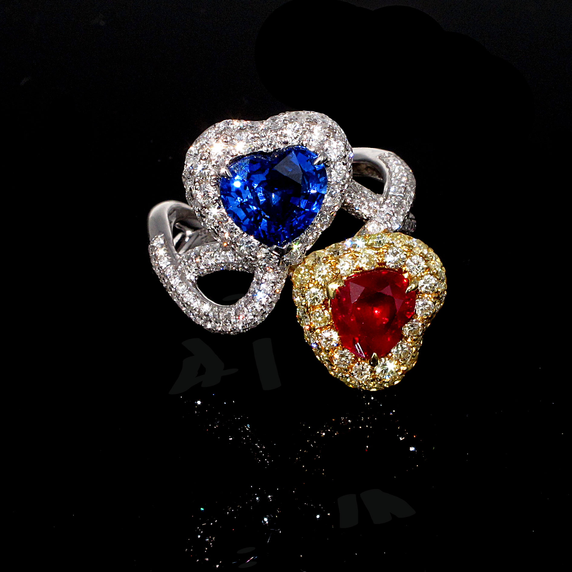 Heart Shape Ruby, Sapphire and Diamond Bypass Ring – Kantor Gems